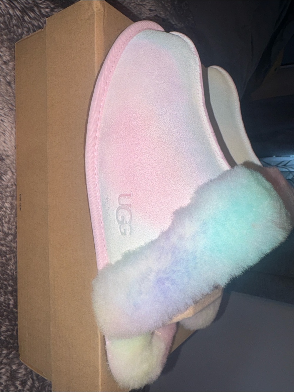 UGG Women's Pastel Pink Suede Slide with Rainbow Shearling Cuff